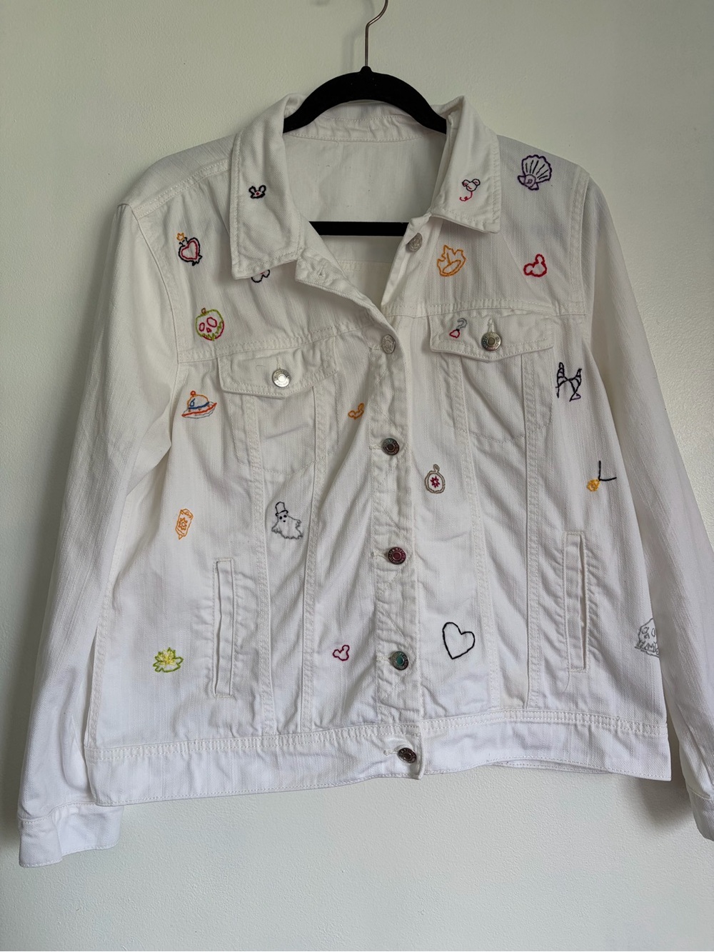 hand embroidered disney inspired white jean jacket | xl